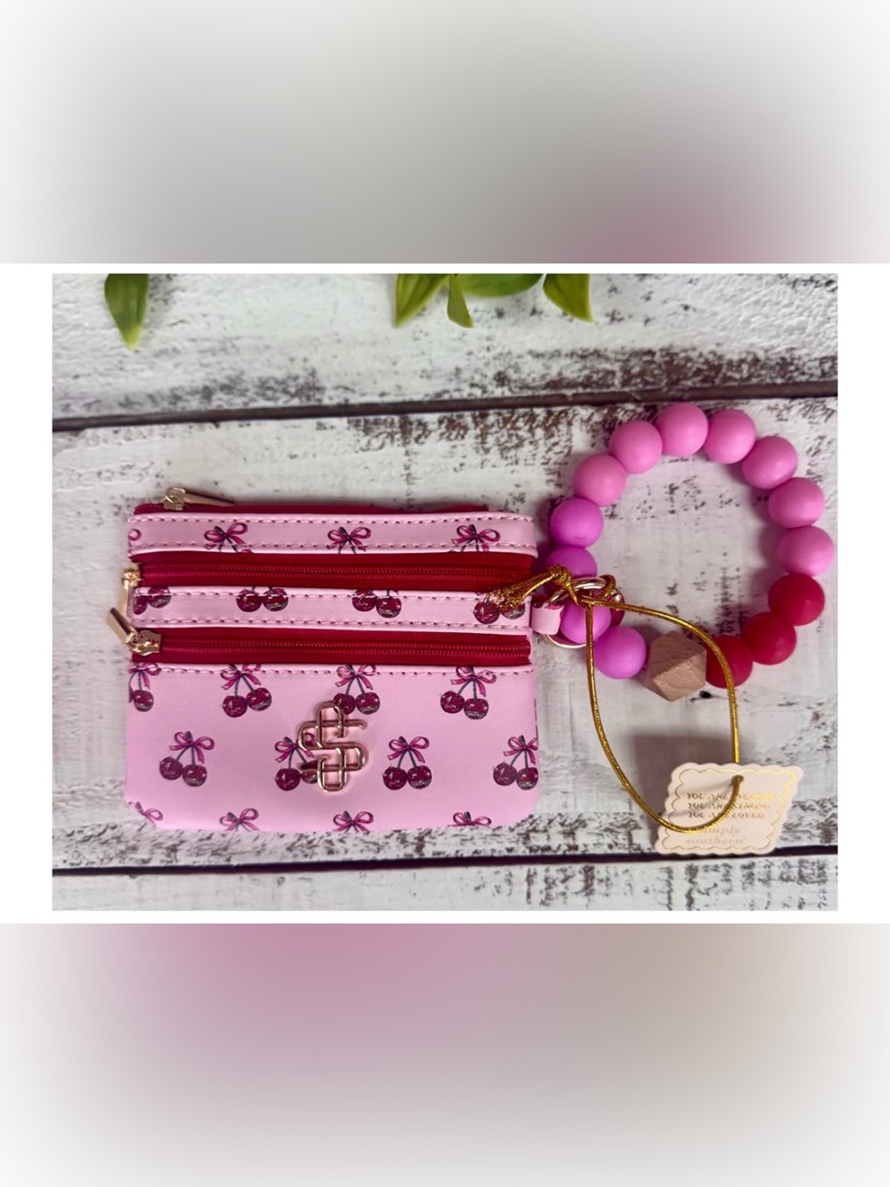 Cherry Print Triple-Zip Coin Purse Wallet Wristlet Pink Glitter Cherry Keychain - Picture 4 of 4